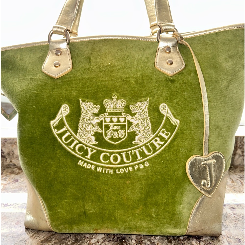 Juicy Couture LARGE beach travel handbag bag green gold used pre-loved condition